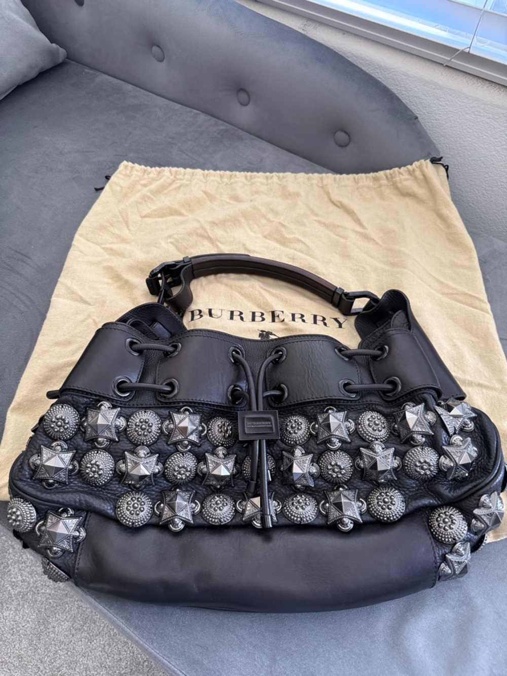 Vintage Burberry Studded Leather Shoulder Bag Grommet Hobo Black Authentic